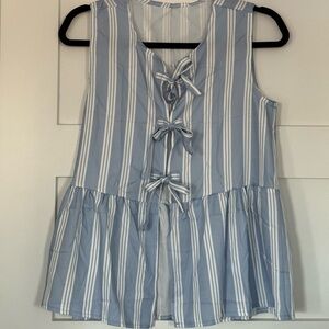 Blue and White Tie Front Sleeveless Tank Top